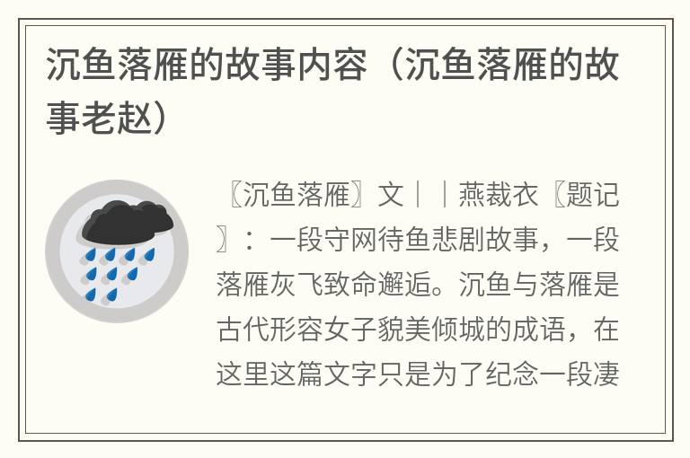 沉鱼落雁的故事内容（沉鱼落雁的故事老赵）