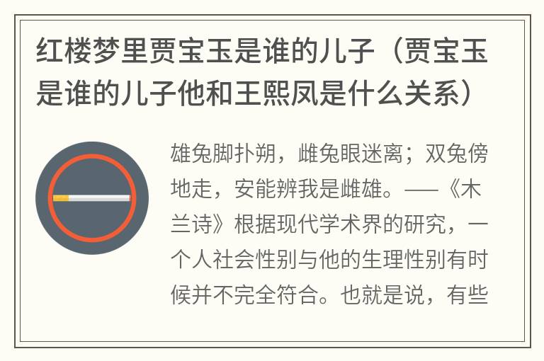 红楼梦里贾宝玉是谁的儿子（贾宝玉是谁的儿子他和王熙凤是什么关系）