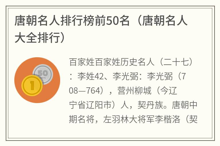 唐朝名人排行榜前50名（唐朝名人大全排行）