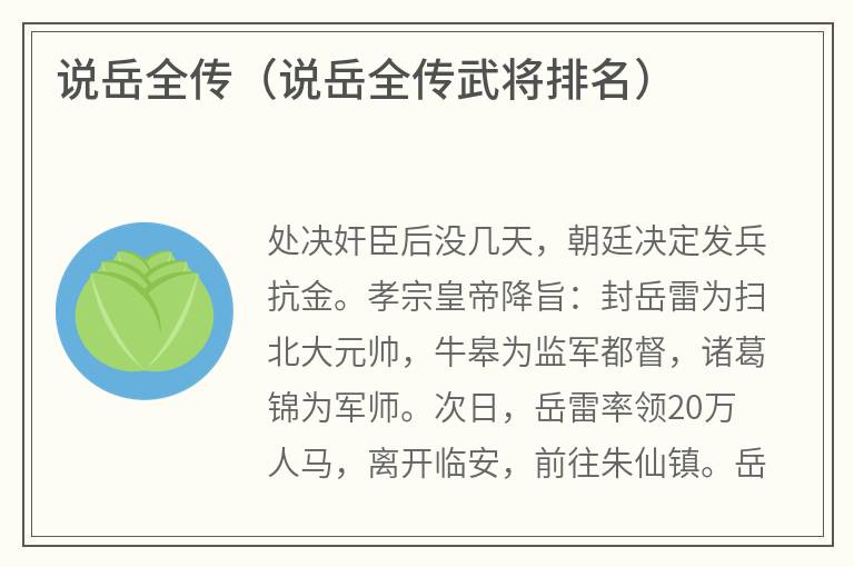 说岳全传（说岳全传武将排名）